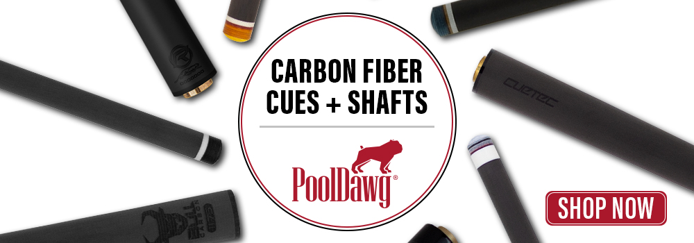 Carbon Fiber Pool Cue Shaft call out banner with Cynergy, REVO and more